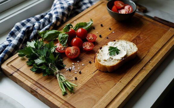 Freshly sliced tomatoes and herbs arranged on a wooden cutting board with a piece of bread topped with cream cheese beside a bowl of diced tomatoes