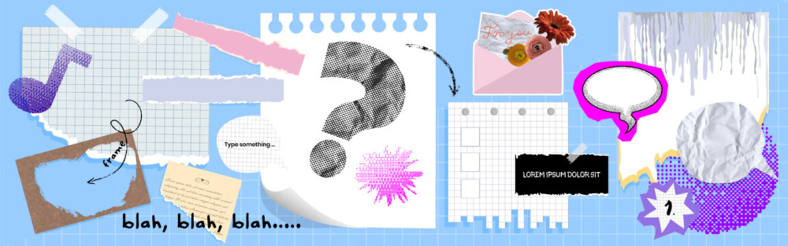 Scrapbook funky collage composition with torn paper pieces, sticky tape, crumpled paper textures, grid notebook paper, speech bubbles, doodles, arrows, label in vintage scrapbook style for y2k banner