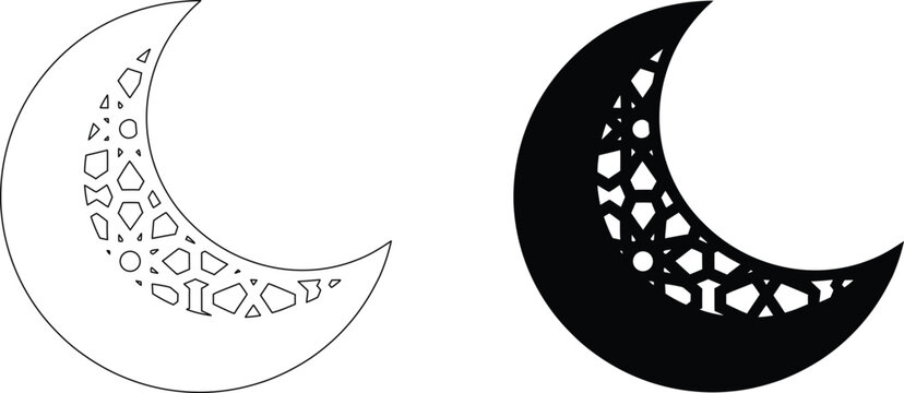 Ramadan crescent moon with geometric pattern in outline and silhouette, islamic ornamental month.