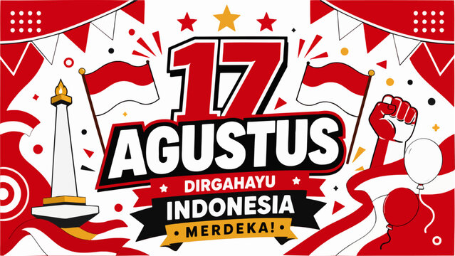 Indonesian Independence Day banner, wide composition, celebrating 17 August, vector illustration, bright flat lighting, festive red and white flag background with Monas monument.