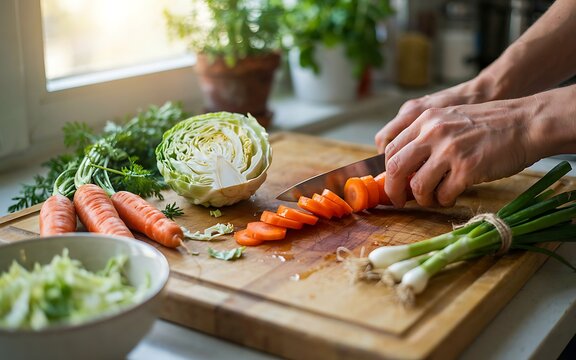 A person carefully slices fresh carrots and green onions on a wooden cutting board in a bright kitchen filled with natural light