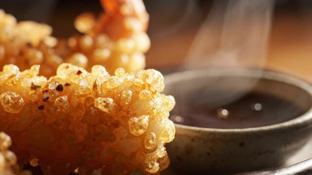 Crispy golden fried calamari rings with a side of soy dipping sauce, appetizing seafood snack perfect for menus and food blogs