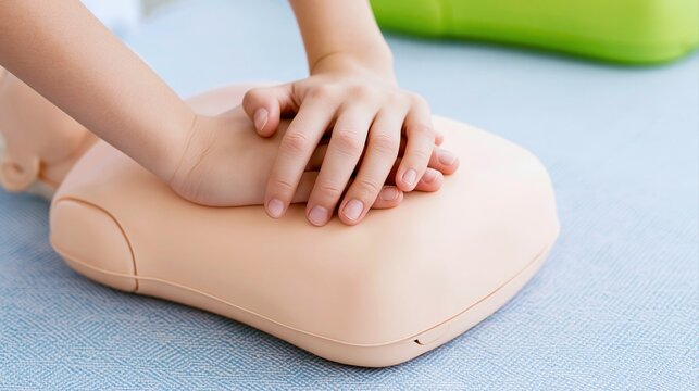 Child hands practicing cpr on mannequin