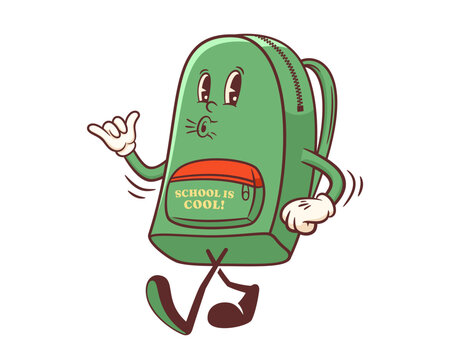 Groovy Back to School Retro Bag Character. Cartoon Backpack Walking and Whistling showing Shaka Gesture. Vector Education Mascot Template. Happy Vintage Cool Learning Personage Illustration Isolated