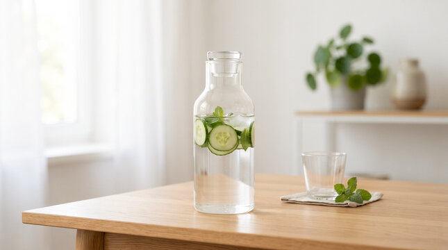 Fresh cucumber and mint infused water in a glass bottle.