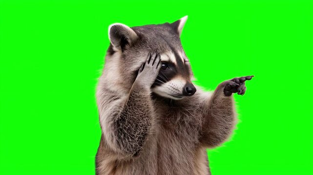 Realistic raccoon pointing right doing facepalm gesture, frustrated mistake presentation concept isolated on chroma key green screen background. 3D.