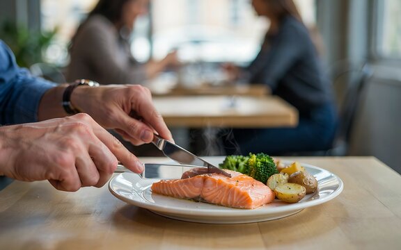 A person enjoys a healthy meal featuring grilled salmon with steamed broccoli and roasted potatoes in a cozy restaurant setting