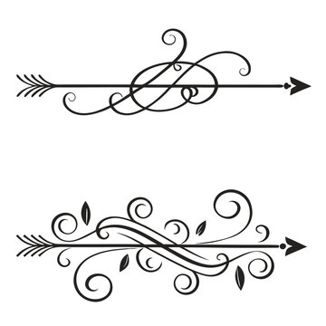 Artistic calligraphic swirl dividers with whimsical hand drawn flourishes and decorative arrow elements for creative portfolio designs scrapbooking wedding stationery and feminine brand motifs.