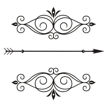 Symmetrical vintage decorative divider set with elegant swirl flourishes and ornamental arrow element for classic design compositions wedding invitations stationery layout and boutique brand.