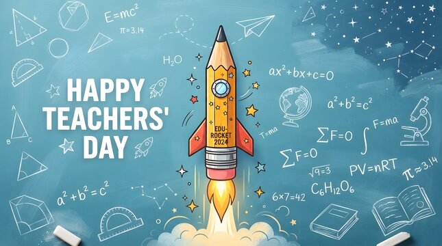 Happy teachers' day celebration with edu rocket launching into educational excellence