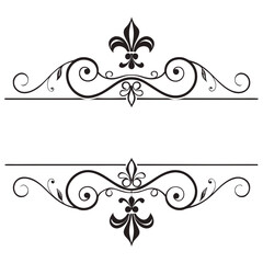 Elegant vector frames with fleur de lis symbol, leaves, and flourishes, vintage divider elements for text decoration, royal black isolated ornate borders. © Aja
