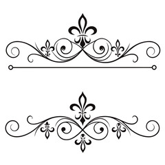 Luxury fleur de lis text dividers and page ornaments with elegant filigree swirls and classic heraldic motifs black vector graphics isolated on white for refined wedding cards and stationery designs. © Aja