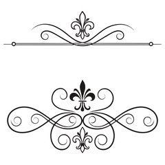 Vintage ornate flourish divider design element with fleur de lis symmetrical border graphic resource elegant decorative accent royal emblem wedding invitation. © Aja