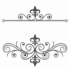 Decorative header and footer set featuring black ornamental swirl patterns and fleur de lis symbols isolated on white background for wedding card stationery design or professional document border. © Aja
