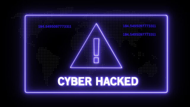 Cyber hacked warning alert neon interface with digital data streams and global network security breach notification for information technology, cybersecurity, and data protection concept projects