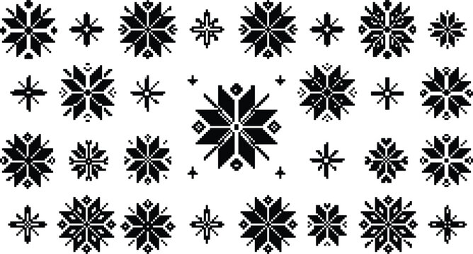 Traditional geometric snowflake embroidery icons set featuring pixel cross stitch folk pattern elements for winter design vector