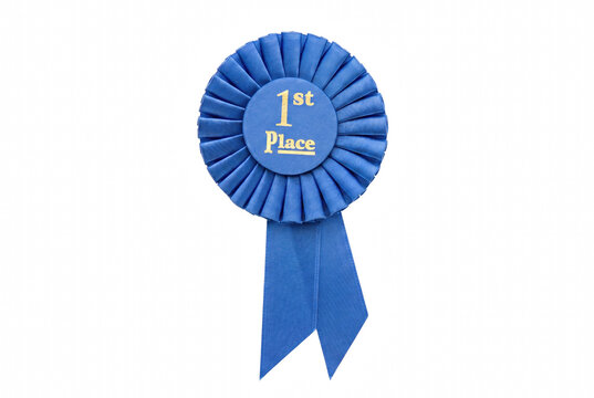 Blue First Place Award Ribbon Rosette with Gold Text