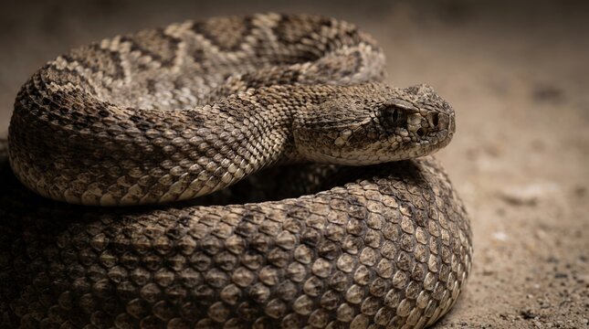 Close up portrait of a coiled western diamondback rattlesnake in desert