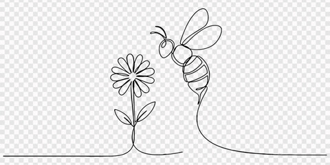 Bee and Flower Symbiosis. Minimalistic one-line drawing bee hovering near blooming flower showing pollination relationship, continuous single black line on, Minimalist one line drawing of a flying  © Line pro