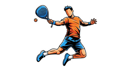 A dynamic illustration of a male padel player jumping to hit the ball with a racket during a game. © Bawoto