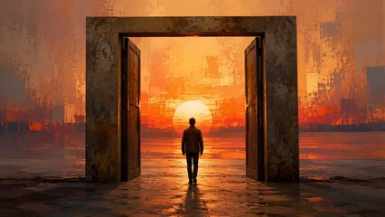 Fototapeta premium A person walks through large open doors that lead to a sunset. The sun is setting over water with colors filling the sky. The scene shows a moment of transition at twilight.