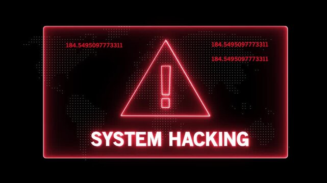 Dynamic system hacking warning alert with glowing red neon interface, digital map background, cybersecurity threat notification, data breach concept, cyber attack warning motion