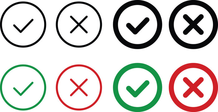 Set of green check marks and red cross icons in thin and thick circular outlines for web and apps
