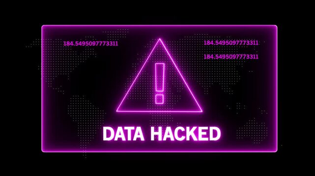 Cybersecurity warning alert featuring neon purple data hacked text and digital warning triangle with rapidly changing ip address numerical data streams for high-tech network security infographics