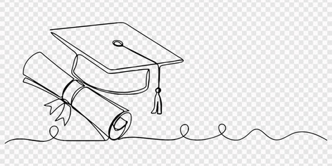 Minimalist one line illustration of a graduation cap and diploma, representing education, achievement, and academic completion, isolated on transparent background, Continuous one line art drawing  © Line pro