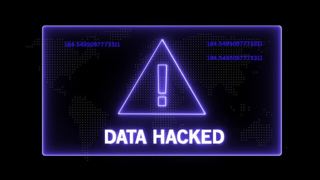 Cybersecurity data breach warning alert with glowing neon purple warning sign and digital ip address tracking code for network security, information privacy, and online threat protection concept