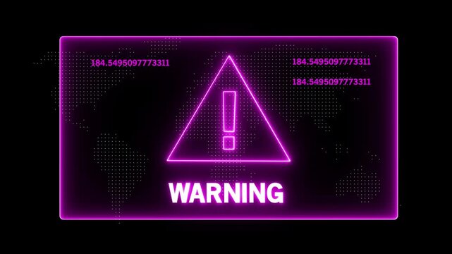 Neon glowing warning sign with digital data interface and map background, for cyber security, system error alerts, technical glitch notifications, and futuristic high-tech, ui motion