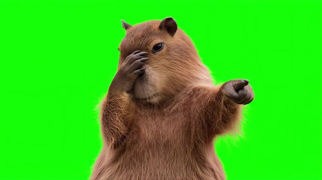 Realistic capybara pointing right doing facepalm gesture, frustrated mistake presentation concept isolated on chroma key green screen background. 3D.