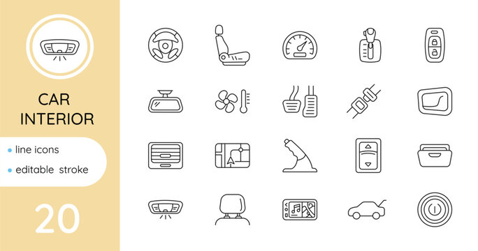 Set of linear car interior icons and details. Editable stroke.