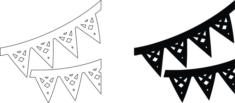 Bunting flags with cutout geometric patterns, outline and silhouette for decoration.