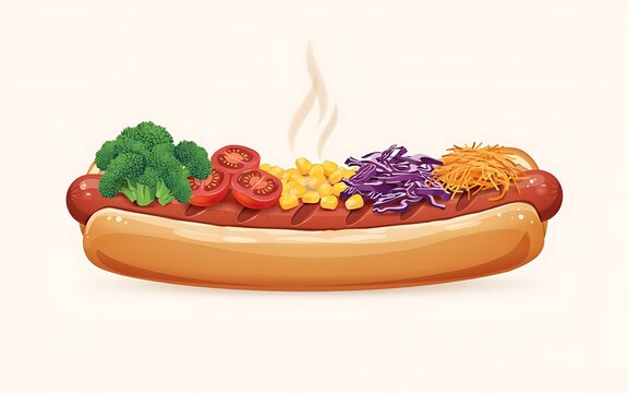 A delicious hot dog topped with fresh broccoli, diced tomatoes, corn kernels, purple cabbage, and shredded cheese steaming attractively on a bun