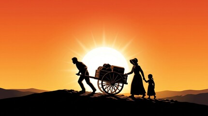 Fototapeta premium Silhouetted Horse-Drawn Carriage at Sunset