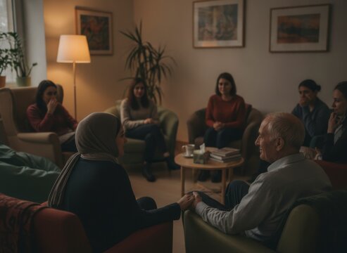 Eating disorder support group facilitator seated in a circle of mismatched chairs inside a hospital outpatient room, soft lamp in the corner replacing harsh overhead light,