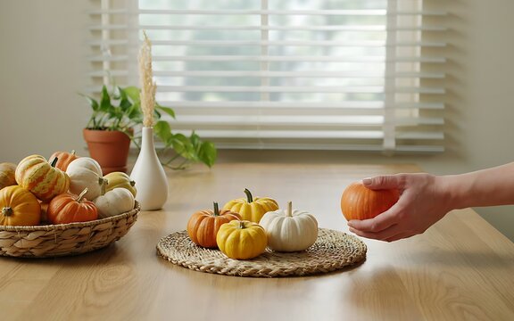A hand reaching for a small pumpkin among a decorative autumn display featuring painted pumpkins and seasonal decor on a wooden table