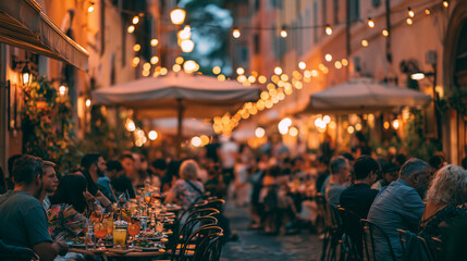 Naklejka premium Cozy Outdoor Dining in City Nightlife: Italian Cuisine & Vibrant Ambiance with Twinkling Lights