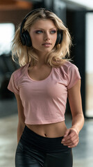 Fototapeta premium young blonde woman walking out of gym with headphones, beautiful fitness woman leaving gym after workout, active blonde woman in sportswear enjoying fitness lifestyle