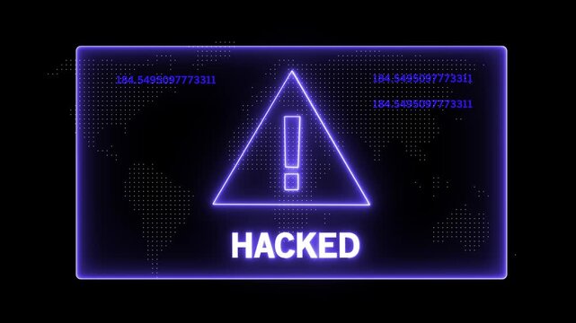 Cybersecurity alert warning screen featuring a glowing neon hacked notification with digital map background, and rapidly changing, data streams for, advanced network security, and data breach concepts