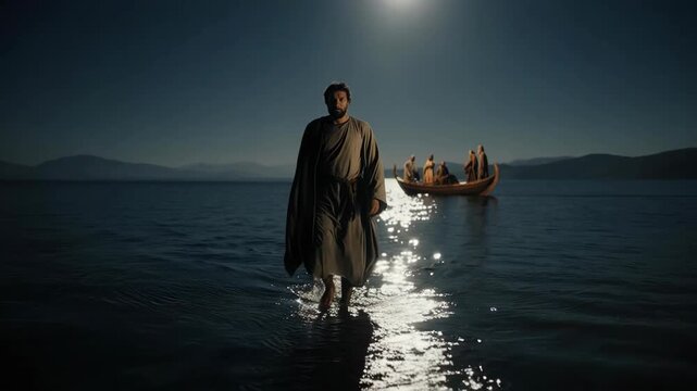 Jesus walking on water under the full moon. Miracle at the Sea of Galilee with disciples in a boat. Biblical night scene of divine power