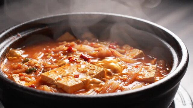 Hot steaming kimchi jjigae, korean stew with tofu and fermented cabbage, savory spicy comfort food