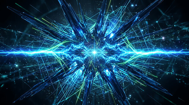 Abstract glowing blue starburst energy explosion with explosion starburst abstract background particles