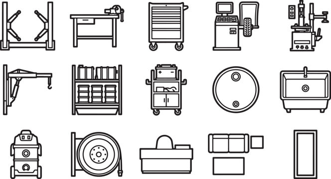 Automotive repair shop equipment icons set featuring vehicle maintenance tools and garage machinery in linear vector style