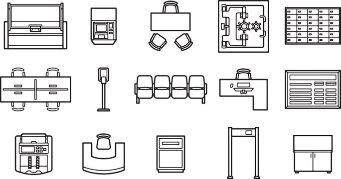Bank and financial office interior furniture icons set in flat linear style for architectural floor plans