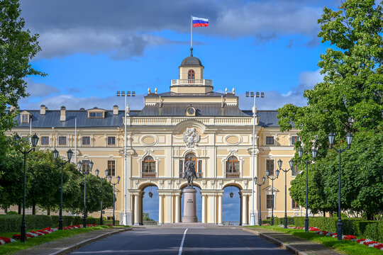 Main entrance to the Constantine Palace of Congresses in Strelna, Saint Petersburg city in Russia
