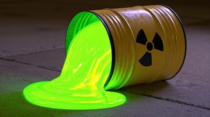 Obraz premium Glowing green radioactive liquid spills from barrel