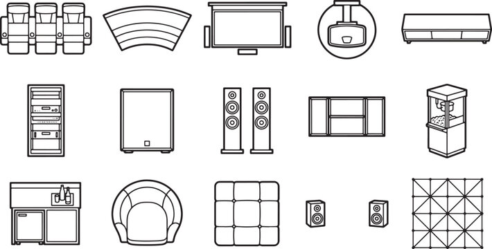 Home theater and cinema room equipment icons set featuring furniture audio visual devices and entertainment system elements