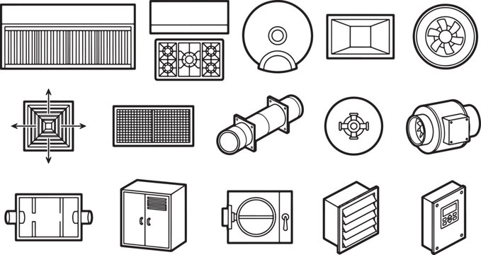 HVAC and ventilation equipment icons set featuring industrial air handling units and ductwork components in line art